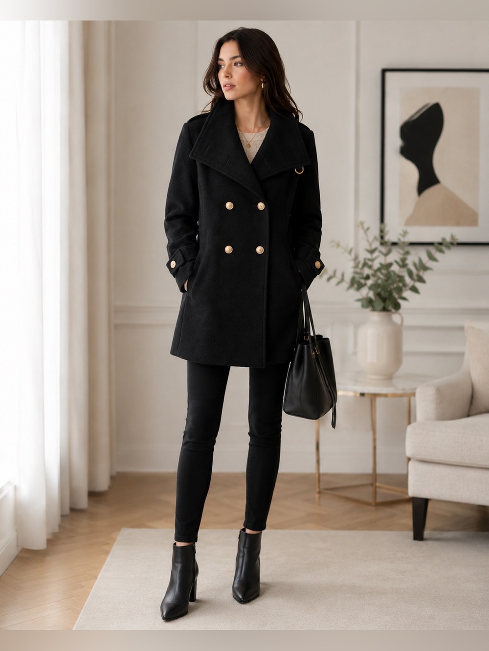 INDIVI Angora Wool Blend Peacoat Black Double Breasted Jacket 40